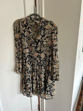 ba&sh Navy Long Sleeve Mini Dress with Cream Paisley Print